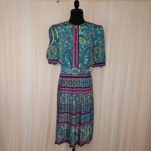 Vintage 80s Lady Carol Womens Multicolor Floral Paisley Midi Dress size 12P